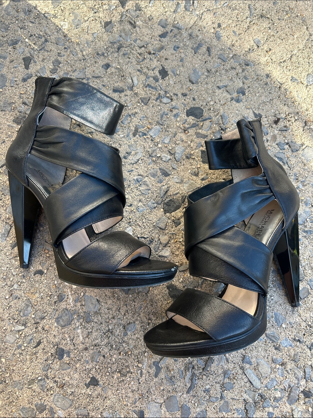 Michael Kors Jennings Zip Back Black Leather Strappy High Heel Sandals